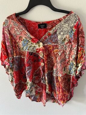 VICI Boho Patchwork Paisley Floral Button Front Flutter Sleeve Crop Top Small